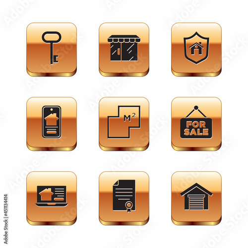 Set House key, Online real estate house, contract, plan, with shield, Garage and Market store icon. Vector