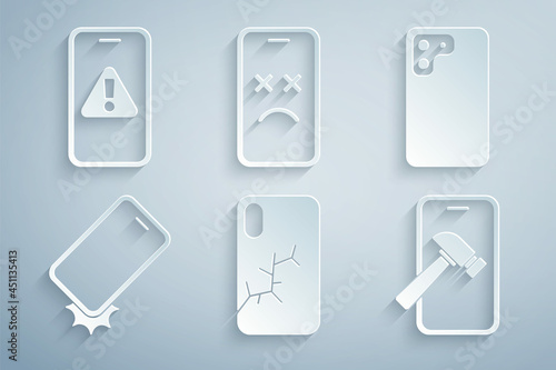 Set Mobile with broken screen, Smartphone, Shockproof, Dead mobile and exclamation mark icon. Vector