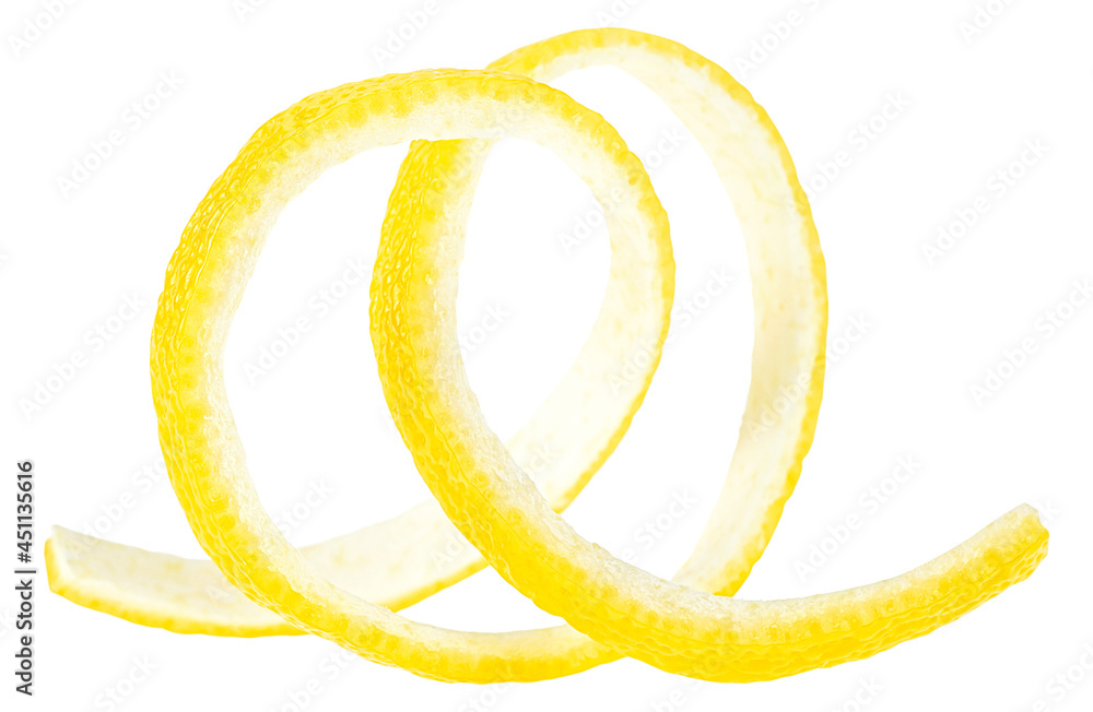 Peel of fresh lemon or lemon twist isolated on a white background. Swirly lemon zest. Peel of fresh lemon or lemon twist isolated on a white background. Swirly lemon zest.