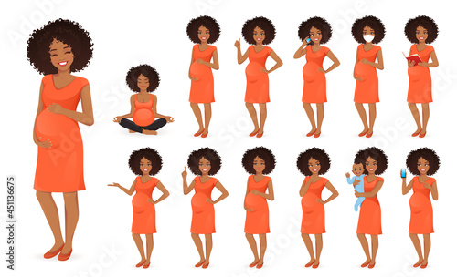 Cute african woman pregnant in dress standing in different poses isolated vector illustration. Young mother holding her newborn baby.