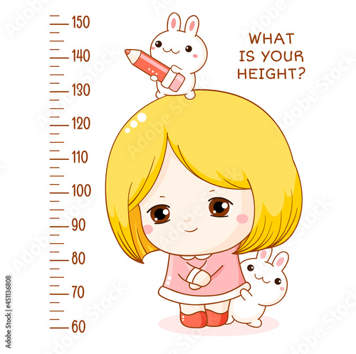 Height chart with cute shy little girl and her two bunny friends