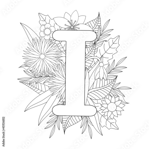 Letter I coloring page. Floral coloring.