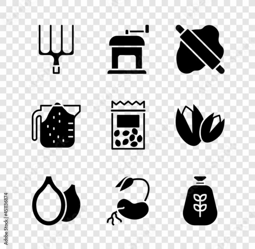 Set Garden pitchfork, Manual coffee grinder, Rolling pin on dough, Pumpkin seeds, Sprout, Bag flour, Measuring cup and Pack full plant icon. Vector