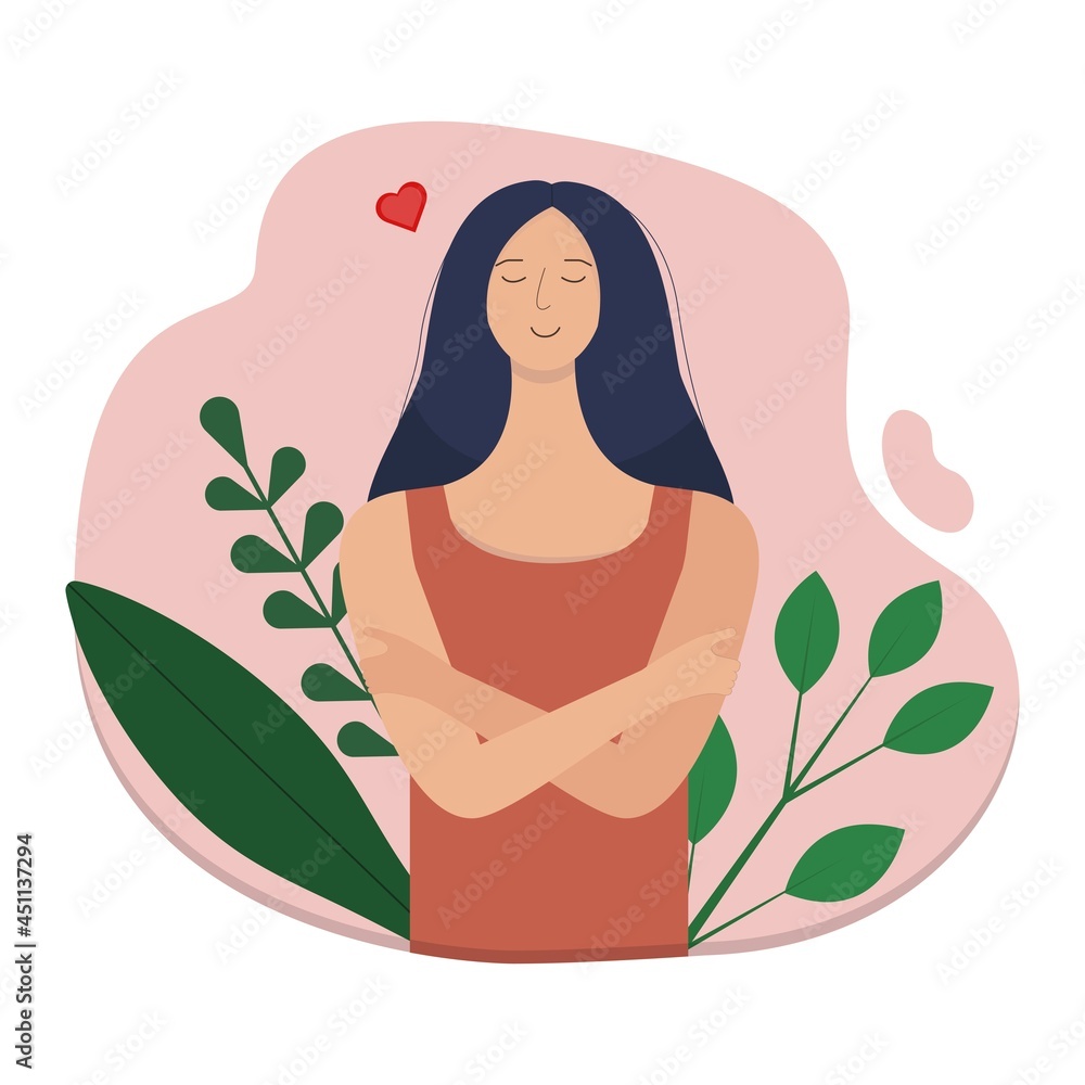 Vector illustration. A cute girl loves and hugs herself. Vector illustration. A cute girl loves and hugs herself.