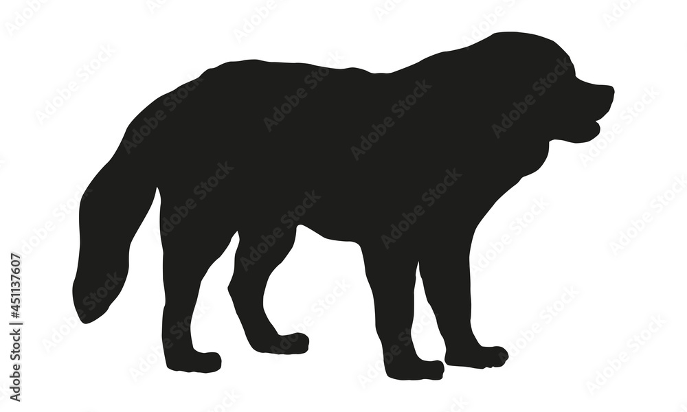 Black dog silhouette. Standing moscow watchdog puppy. Pet animals. Isolated on a white background.