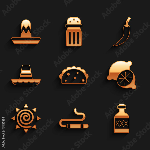 Set Taco with tortilla, Cigar, Tequila bottle, Lime, Sun, Mexican sombrero, Hot chili pepper pod and icon. Vector