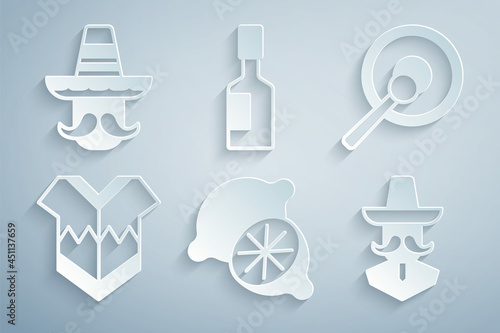 Set Lime, Gong, Poncho, Mexican man sombrero, Tabasco sauce and icon. Vector