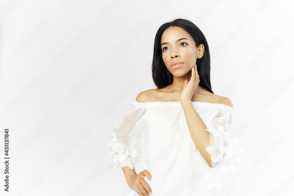 pretty woman african appearance in white dress cosmetics pretty woman african appearance in white dress cosmetics