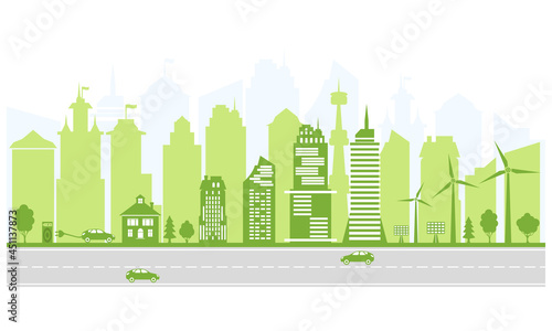 Ecological city and environment conservation. Green city silhouette with trees, wind energy and solar panels. Electric vehicles and charging station.