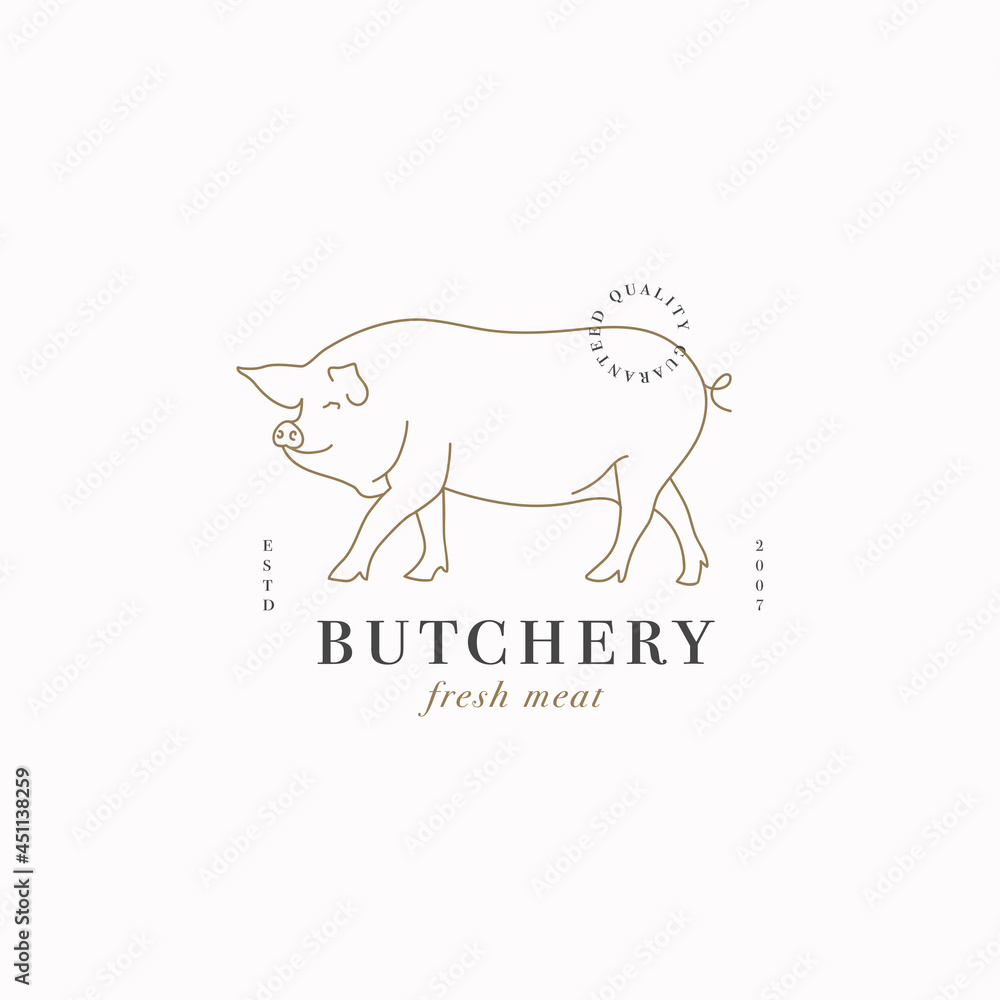 Vector design linear template logo or emblem - farm pig. Abstract symbol for meat shop or butchery.