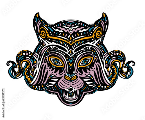 Tiger exotic animal head in lunar zodiac style. Hand drawn wild cat magic composition retro traditional tattoo style.