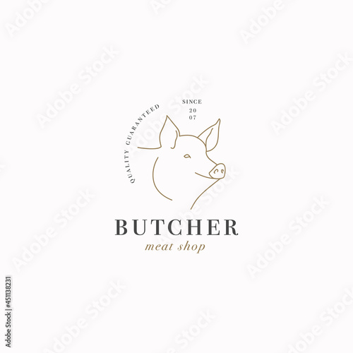 Vector design linear template logo or emblem - farm pig. Abstract symbol for meat shop or butchery.