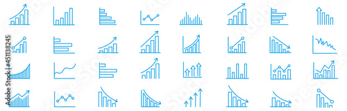 Graph icon of business growing bar and charts set.  Statistics and analytics vector icon. charts diagrams, money, down or up arrow. Vector