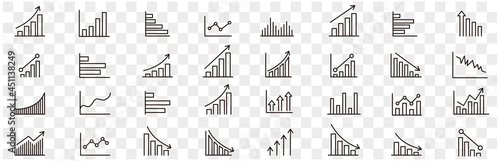 Graph icon of business growing bar and charts set.  Statistics and analytics vector icon. charts diagrams, money, down or up arrow. Vector