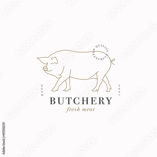 Vector design linear template logo or emblem - farm pig. Abstract symbol for meat shop or butchery.