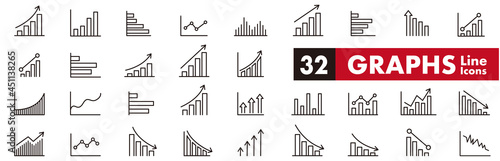 Graph icon of business growing bar and charts set.  Statistics and analytics vector icon. charts diagrams, money, down or up arrow. Vector