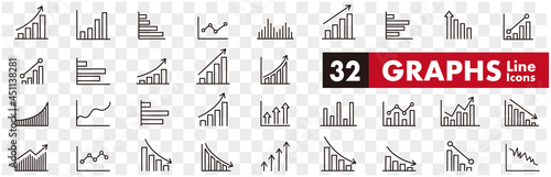 Graph icon of business growing bar and charts set.  Statistics and analytics vector icon. charts diagrams, money, down or up arrow. Vector