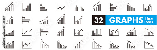 Graph icon of business growing bar and charts set.  Statistics and analytics vector icon. charts diagrams, money, down or up arrow. Vector