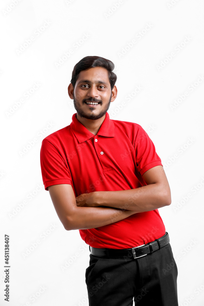 Fototapeta premium Happy Asian man in t-shirt and cap standing on white background, Delivery service concept