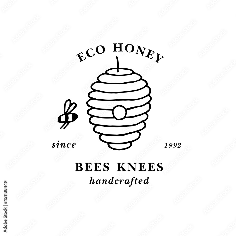 Vector illustartion logo and design template or badge. Organic and eco honey label- beehive. Linear style.