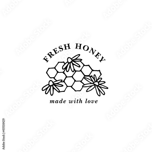 Vector illustartion logo and design template or badge. Organic and eco honey label- flowers with honeycomb. Linear style.
