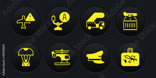 Set Parachute, Plane, Helicopter, Pilot hat, Passenger ladder, Aircraft steering helm, Suitcase and Warning aircraft icon. Vector