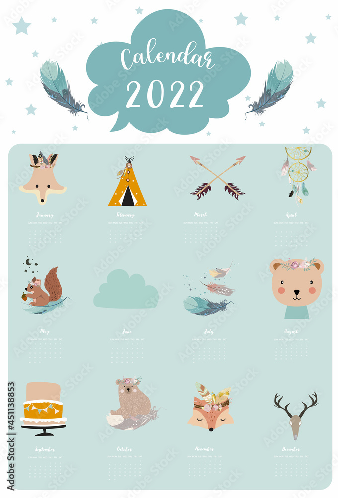 2022 table calendar week start on Sunday with feather that use for vertical digital and printable A4 A5 size