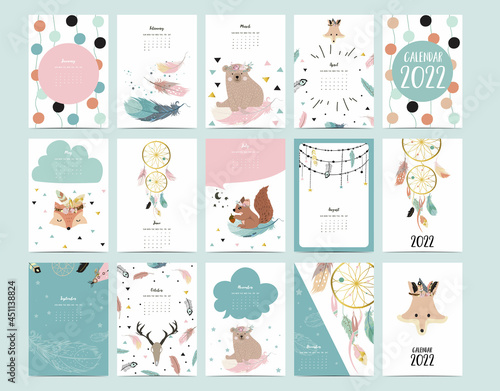 2022 table calendar week start on Sunday with feather that use for vertical digital and printable A4 A5 size
