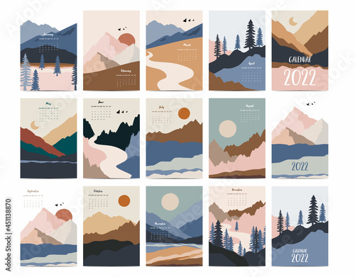 2022 table calendar week start on Sunday with mountain,landscape that use for vertical digital and printable A4 A5 size