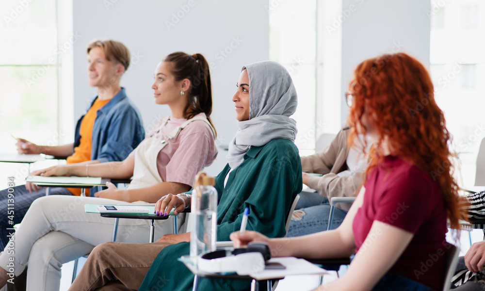 Obraz premium Group of university student sitting in classroom indoors, studying.