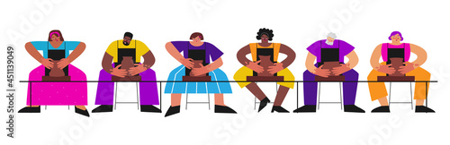 Vector flat colorful illustration. Workshop in clay studio. Multinational group of adult people (women and men) makes ceramic dishes on wheel throwing. Pottery class is creative hobby and art therapy