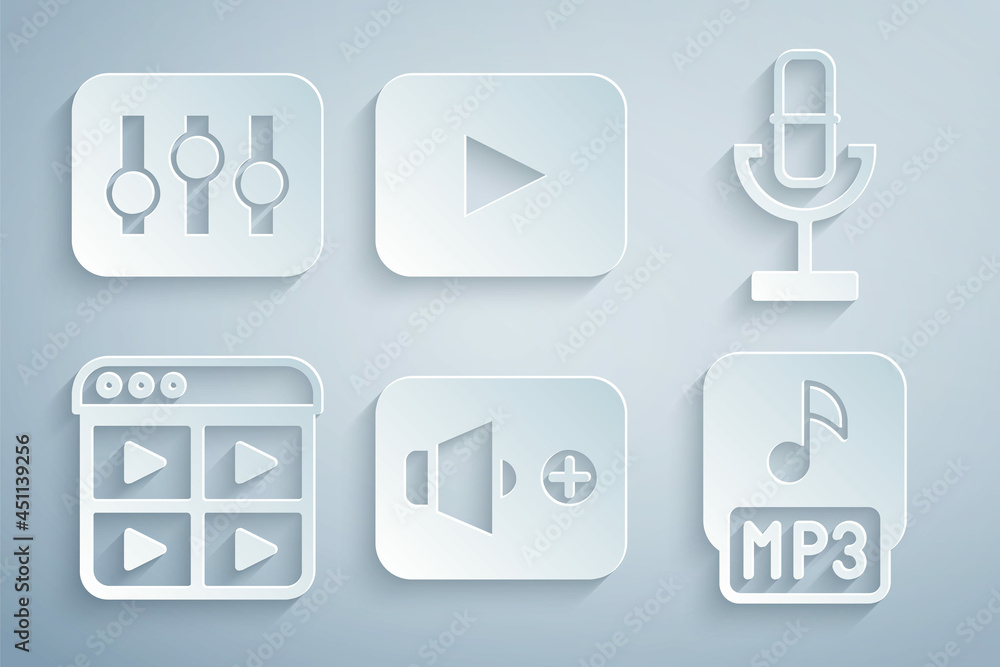 Set Speaker volume, Microphone, Music playlist, MP3 file, Play button and Sound mixer controller icon. Vector Set Speaker volume, Microphone, Music playlist, MP3 file, Play button and Sound mixer controller icon. Vector