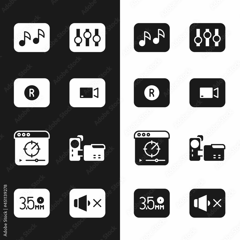 Set Play video button, Record, Music note, tone, Sound mixer controller, Online play, Cinema camera, Speaker mute and Audio jack icon. Vector Set Play video button, Record, Music note, tone, Sound mixer controller, Online play, Cinema camera, Speaker mute and Audio jack icon. Vector