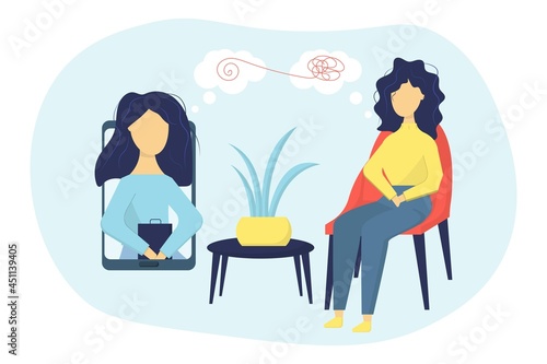 Online psychotherapy. Woman psychologist with tangled and untangled brain metaphor.Onlinepsychologist service, private counseling.Psychotherapy practice, psychological help.