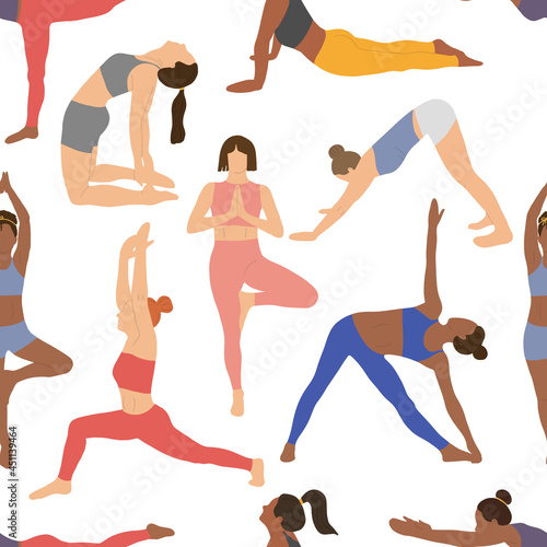 Seamless pattern with yoga poses. Backgrounds and wallpapers for invitations, cards, fabrics, packaging, textiles, posters. Vector illustration.