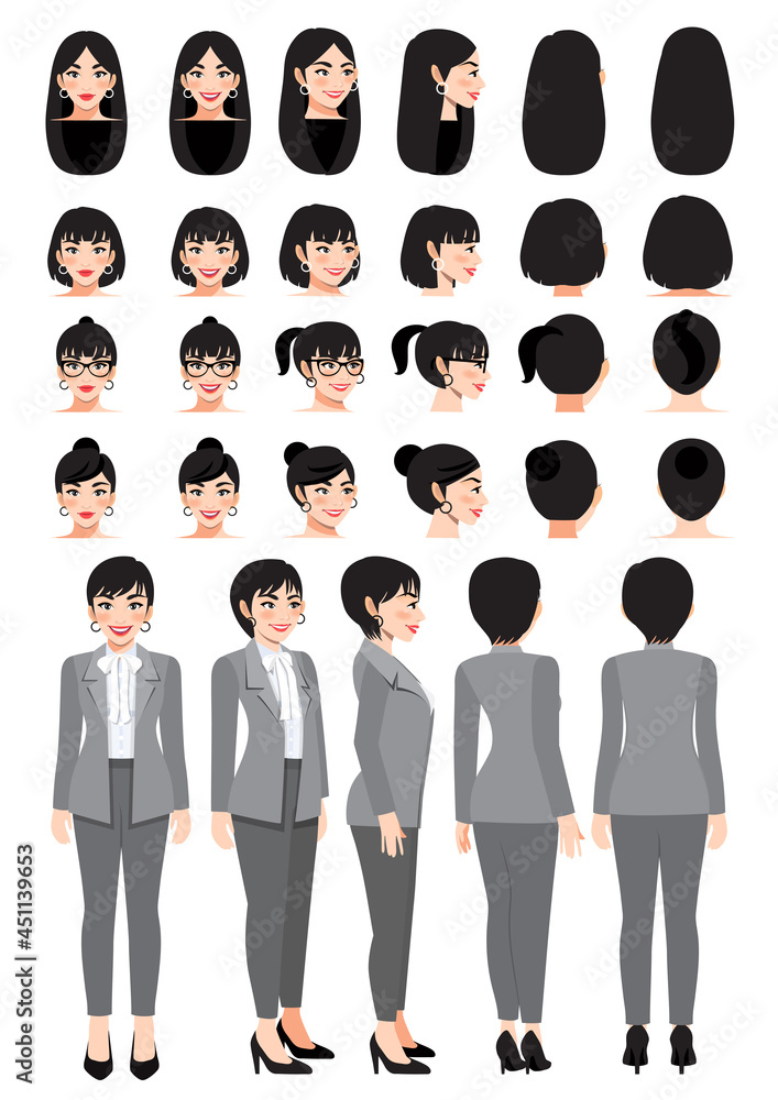 Fototapeta premium Business woman cartoon character in grey smart suit and different hairstyle for animation design vector collection