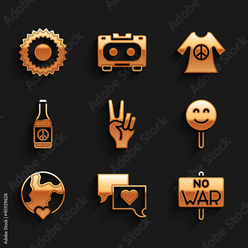 Set Peace symbol, Speech bubble chat, No war, Smile face, The heart world - love, Beer bottle, dress print stamp and Sun icon. Vector