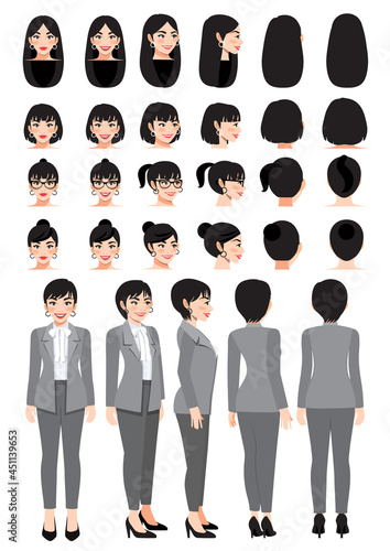 Business woman cartoon character in grey smart suit and different hairstyle for animation design vector collection