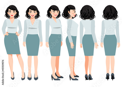 Cartoon character with business woman in green pastel color casual wear for animation. Front, side, back, 3-4 view character. Flat vector illustration