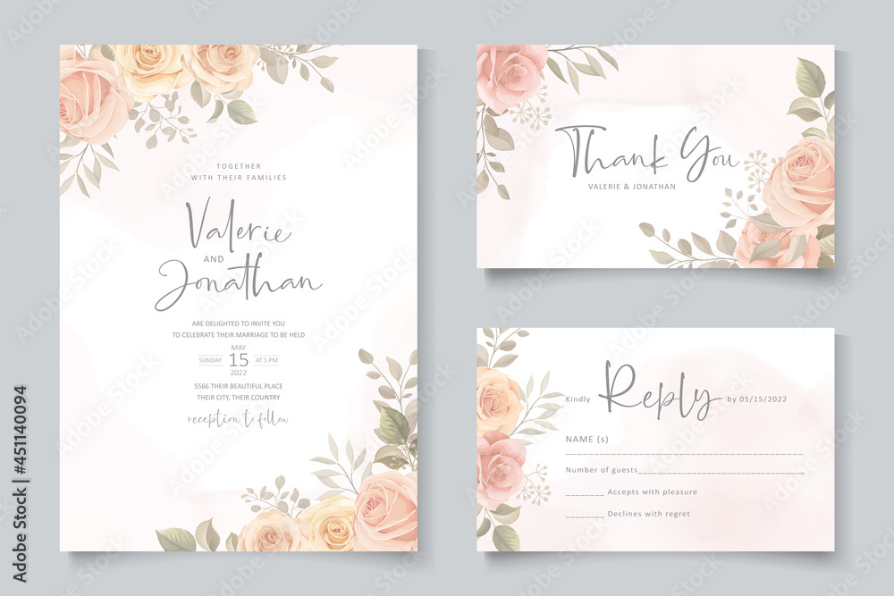 Elegant wedding card template with blooming rose ornament