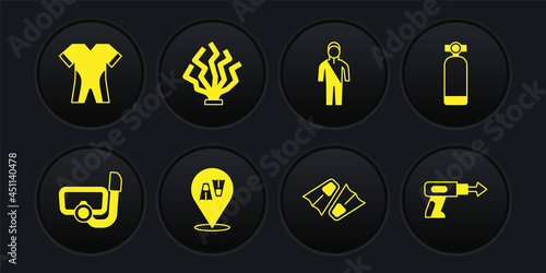 Set Diving mask with snorkel, Aqualung, Flippers for swimming, Wetsuit scuba diving, Coral, Fishing harpoon and icon. Vector
