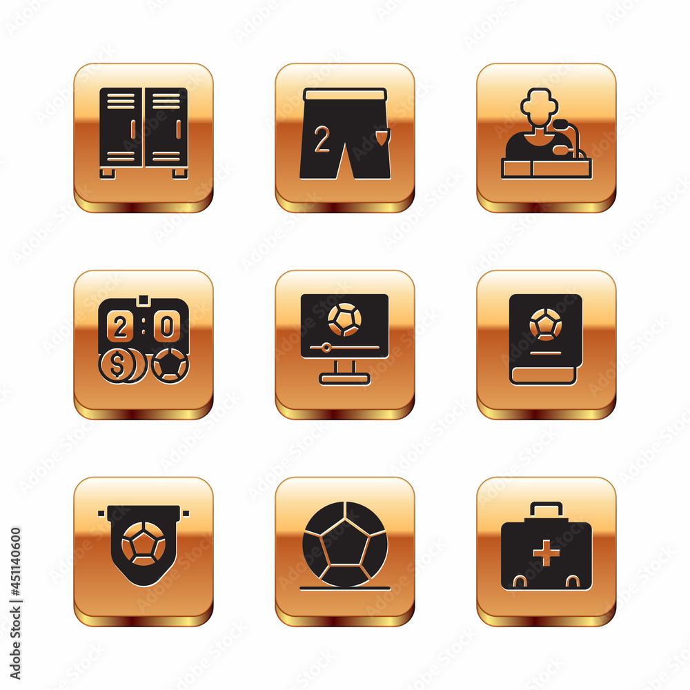 Set Locker or changing room, Football flag pennant, Soccer football, match on TV, betting money, player press conference, First aid kit and Shorts for playing icon. Vector Set Locker or changing room, Football flag pennant, Soccer football, match on TV, betting money, player press conference, First aid kit and Shorts for playing icon. Vector