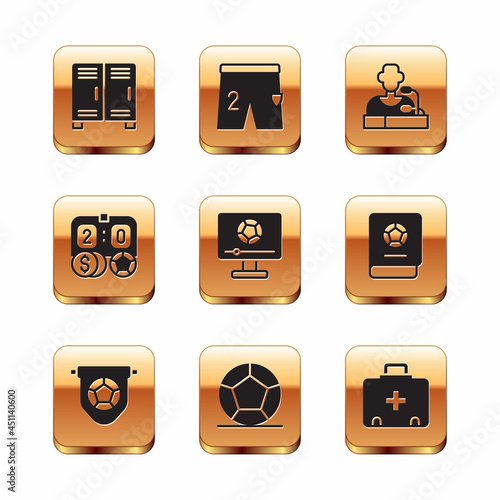 Set Locker or changing room, Football flag pennant, Soccer football, match on TV, betting money, player press conference, First aid kit and Shorts for playing icon. Vector