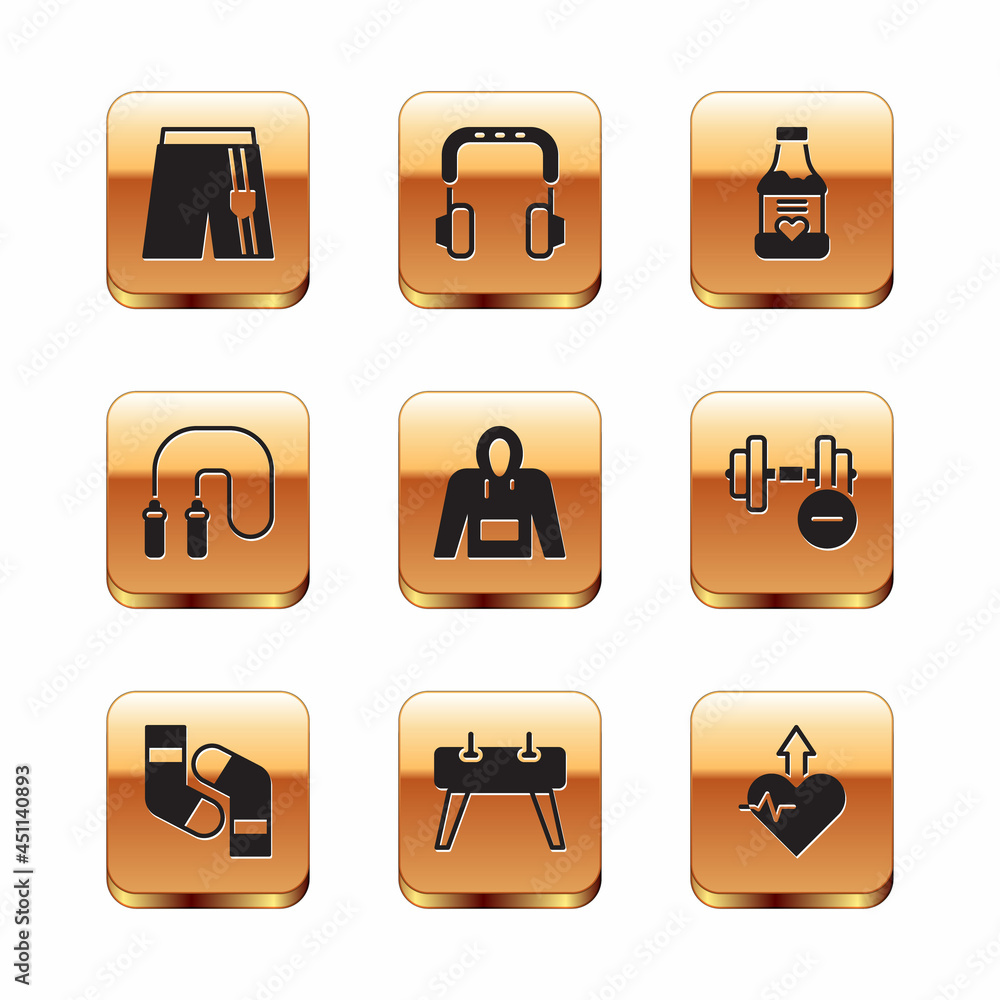 Set Short or pants, Socks, Pommel horse, Hoodie, Jump rope, Vitamins, Heartbeat increase and Headphones icon. Vector Set Short or pants, Socks, Pommel horse, Hoodie, Jump rope, Vitamins, Heartbeat increase and Headphones icon. Vector