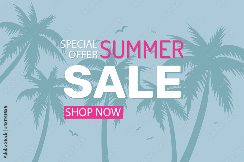 Naklejka premium Summer sale banner or poster. Background with palm trees. Shopping promotion template for summer season. Vector illustration
