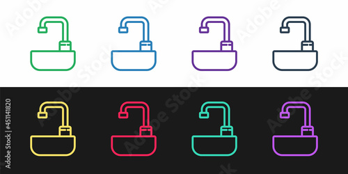 Set line Washbasin with water tap icon isolated on black and white background. Vector Illustration