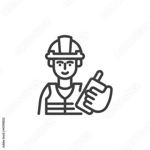 Construction worker with walkie talkie line icon