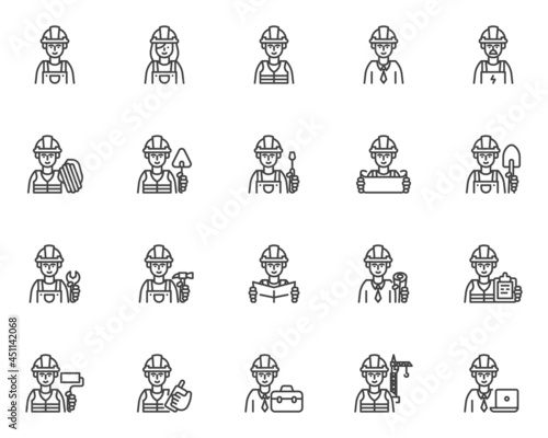 Construction workers line icons set