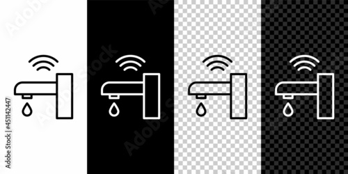 Set line Smart water tap system icon isolated on black and white background. Internet of things concept with wireless connection. Vector