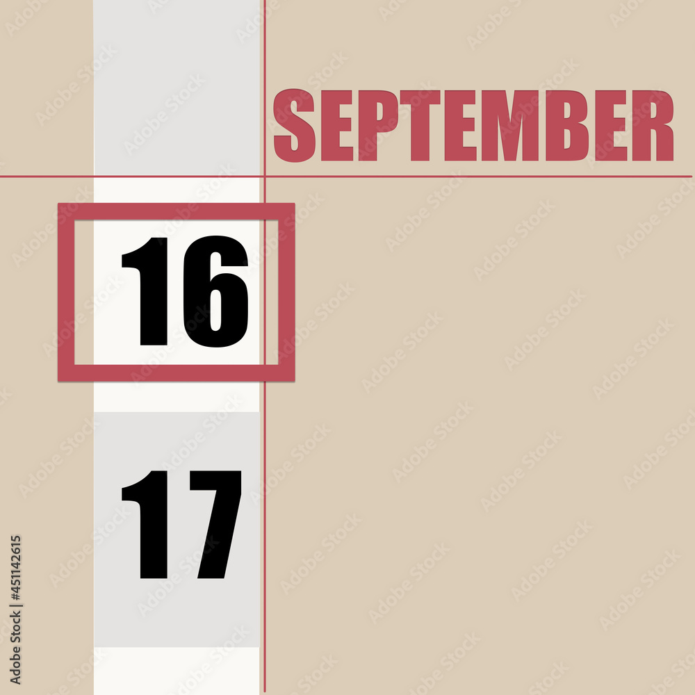 september 16. 16th day of month, calendar date.Beige background with white stripe and red square, with changing dates. Concept of day of year, time planner, autumn month. september 16. 16th day of month, calendar date.Beige background with white stripe and red square, with changing dates. Concept of day of year, time planner, autumn month.